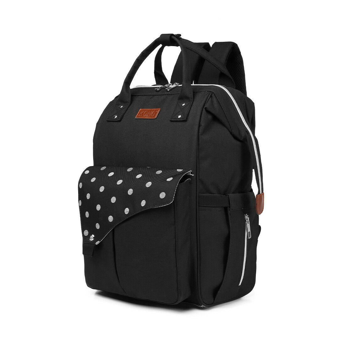Nappy Pram Bag for Changing Nappies. Baby Diaper Pram Bag with USB Charging in Black and Polka Dot Pattern - Image 2