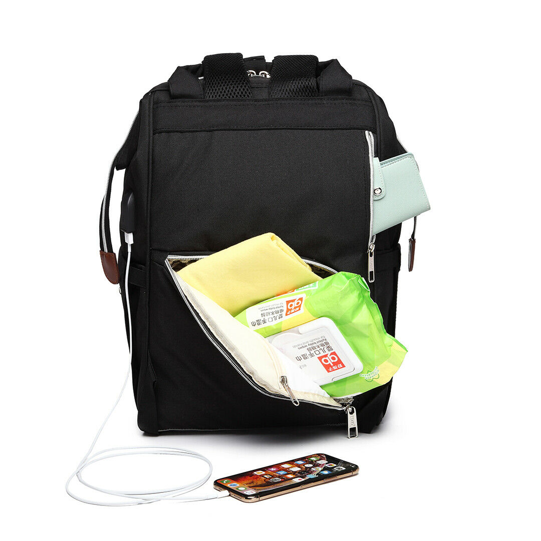 Nappy Pram Bag for Changing Nappies. Baby Diaper Pram Bag with USB Charging in Black and Polka Dot Pattern - Image 3