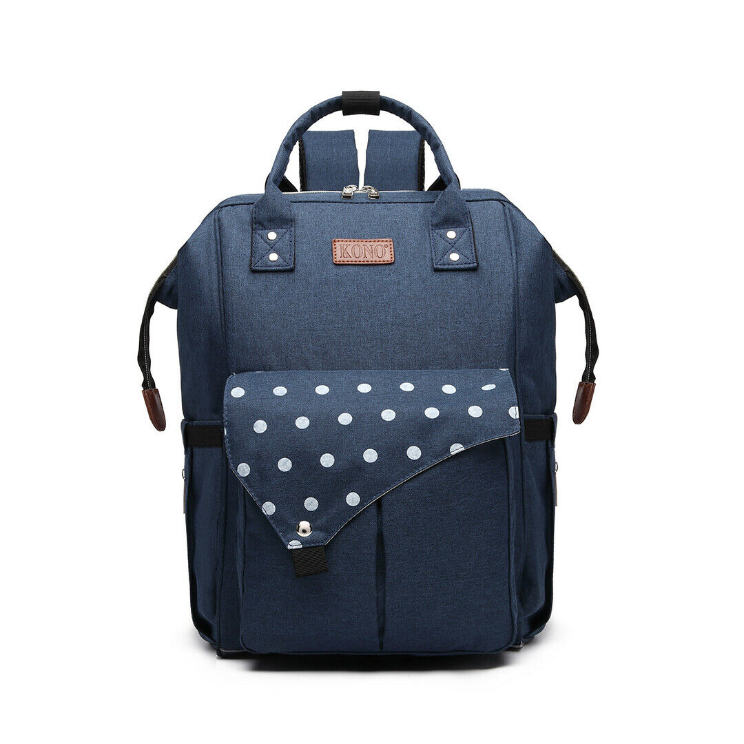 Nappy Pram Bag for Changing Nappies. Baby Diaper Pram Bag with USB Charging in Navy and Polka Dot Pattern