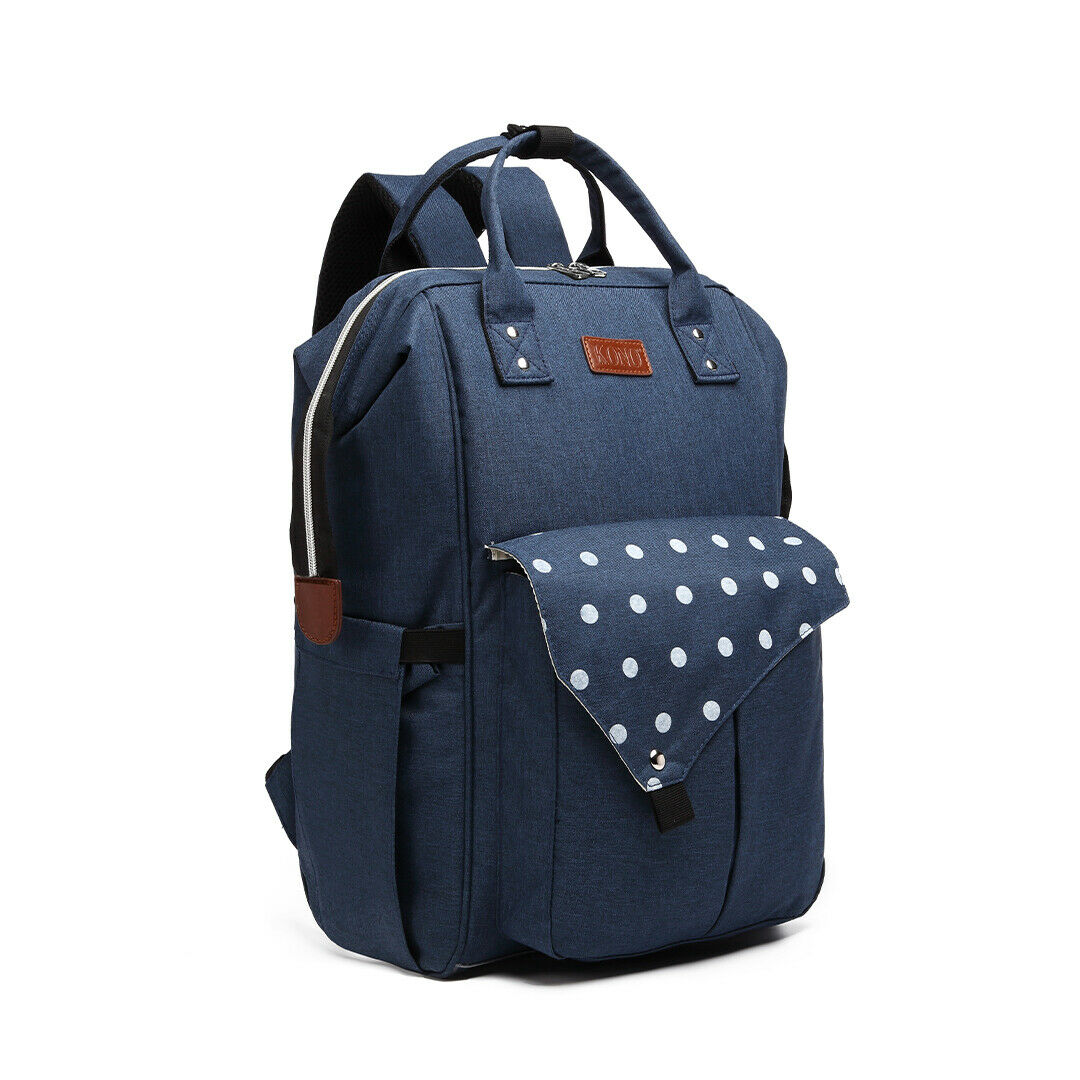 Nappy Pram Bag for Changing Nappies. Baby Diaper Pram Bag with USB Charging in Navy and Polka Dot Pattern - Image 2