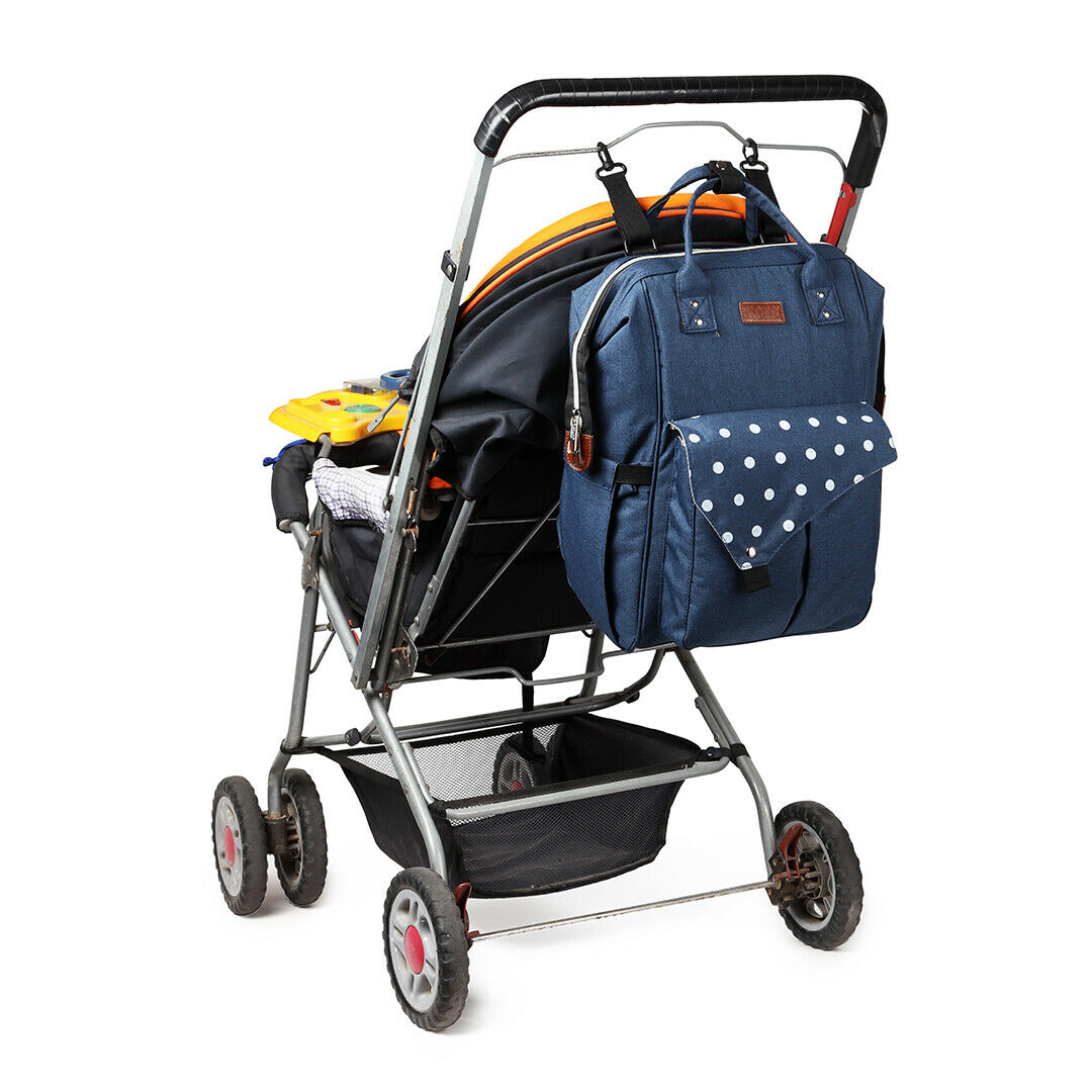 Nappy Pram Bag for Changing Nappies. Baby Diaper Pram Bag with USB Charging in Navy and Polka Dot Pattern - Image 7