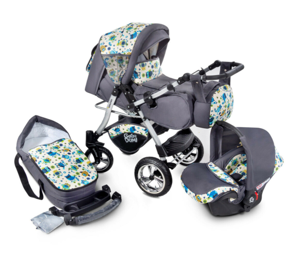 3-in-1-Kinderwagen im urbanen Stil: Buggy, Reisebuggy mit Autositz in Grau  mit Vogelmuster  fr Baby Boss