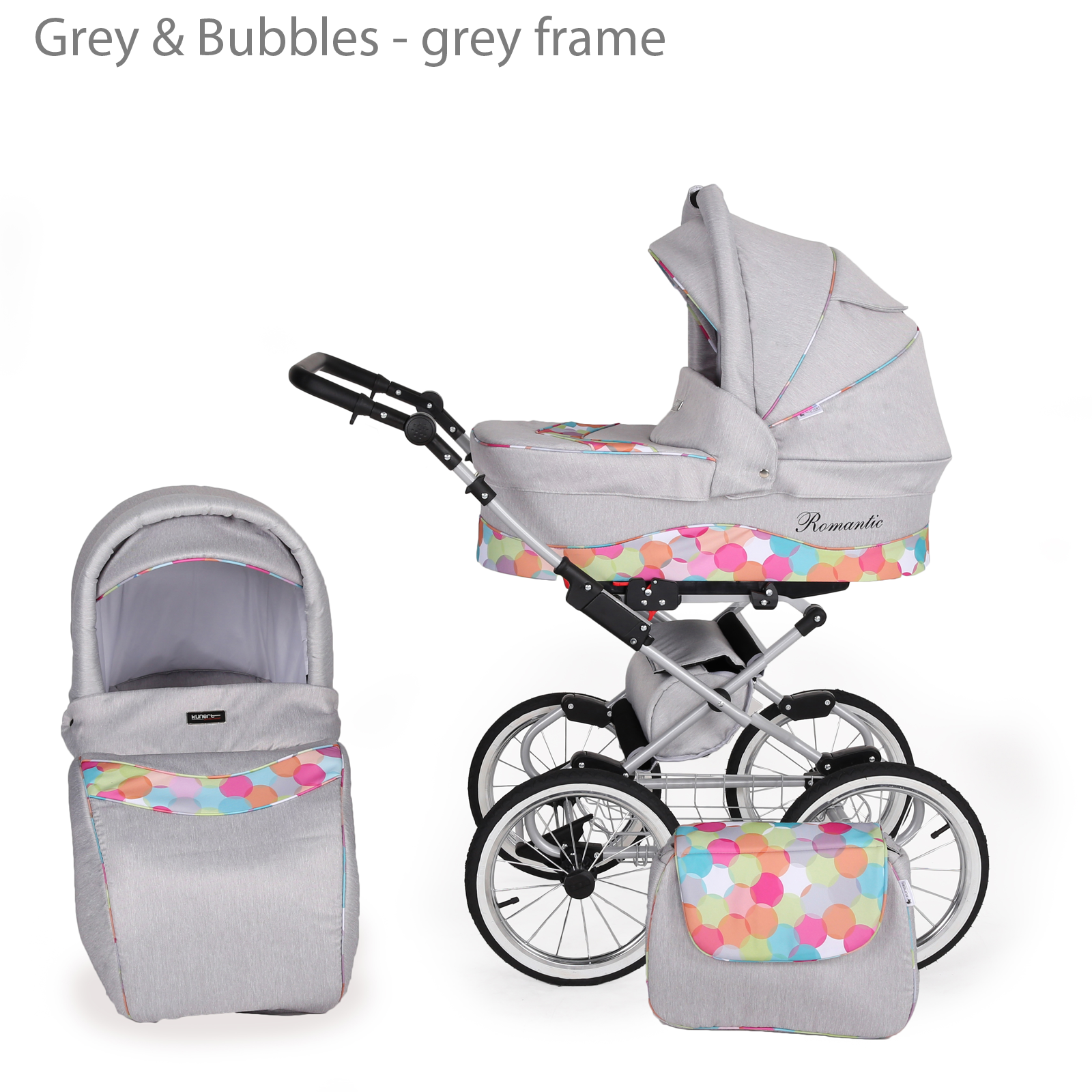 3 in 1 Baby Pram Buggy Travel System Car Seat Pushchair from Birth Girls Boys in Grey & Bubbles