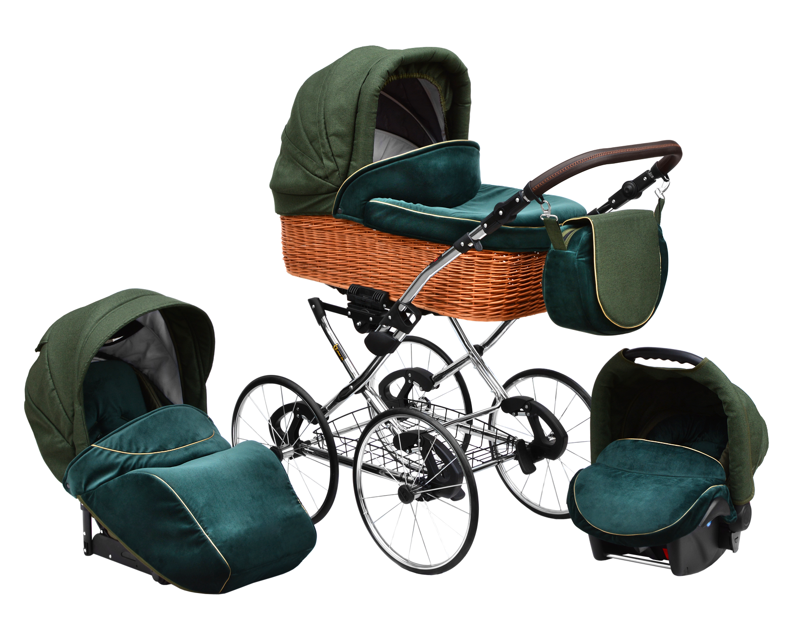 3 in 1 Baby Stroller Pram Pushchair Buggy Retro Vintage Carrycot Travel System with Baby Seat in Sea Green