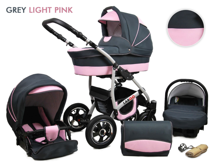 Baby Buggy Pram Car Seat 3 in 1 Travel System Pushchair All In One in Grey Light Pink