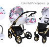 Baby Pram 3in1 Lightweight Travel System Pushchair Isofix base in colourful pineapples gold frame