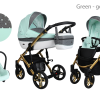 Baby Pram 3in1 Lightweight Travel System Pushchair Isofix base in green gold frame