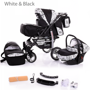 White & Black  Baby Pram Foldable Car Seat Travel System Set 3in1