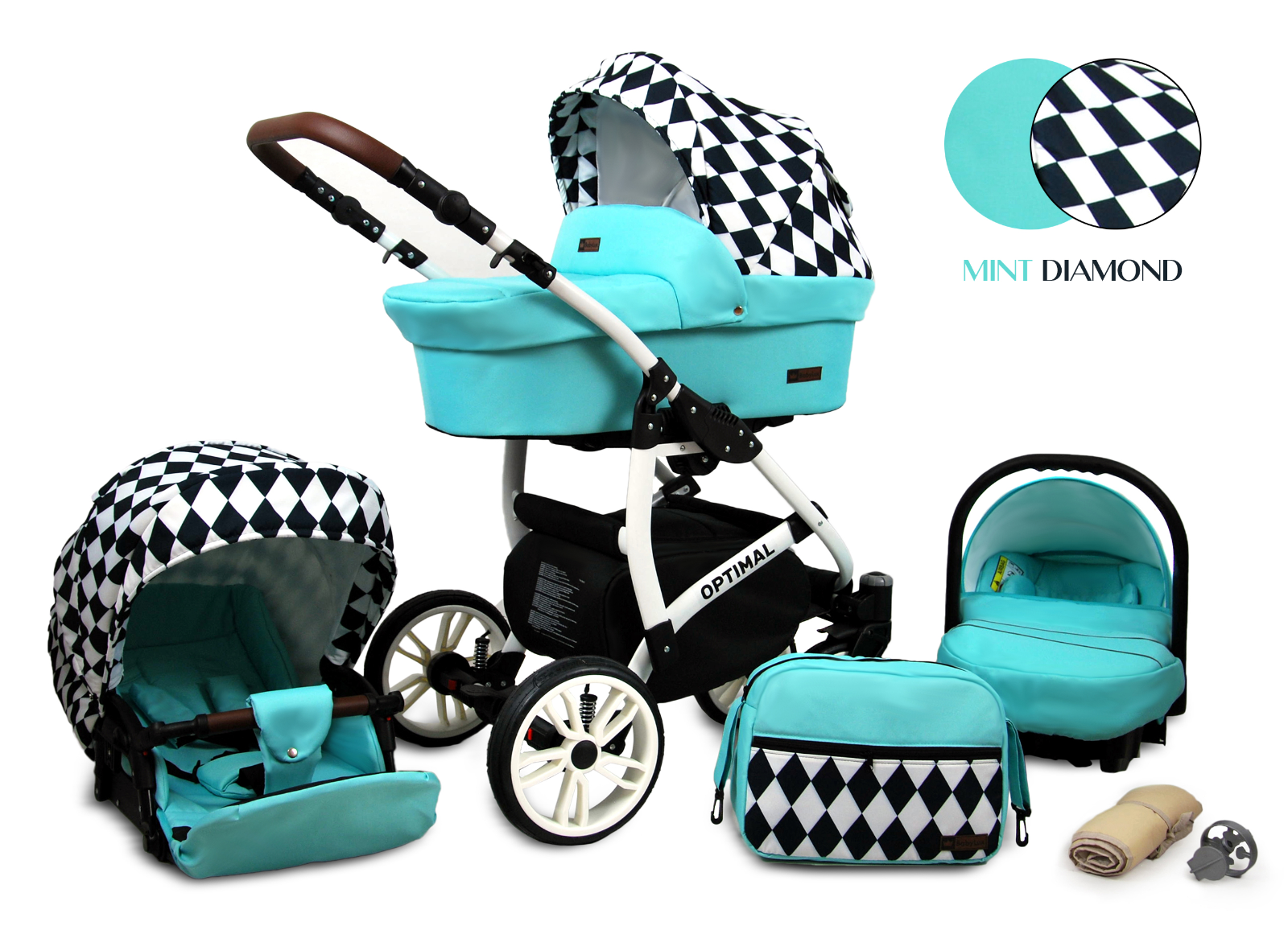 Baby Pram From Birth Pushchair Buggy 3 in1 Travel System Boys Girls ISOFIX BASE -Mint Diamond - white frame