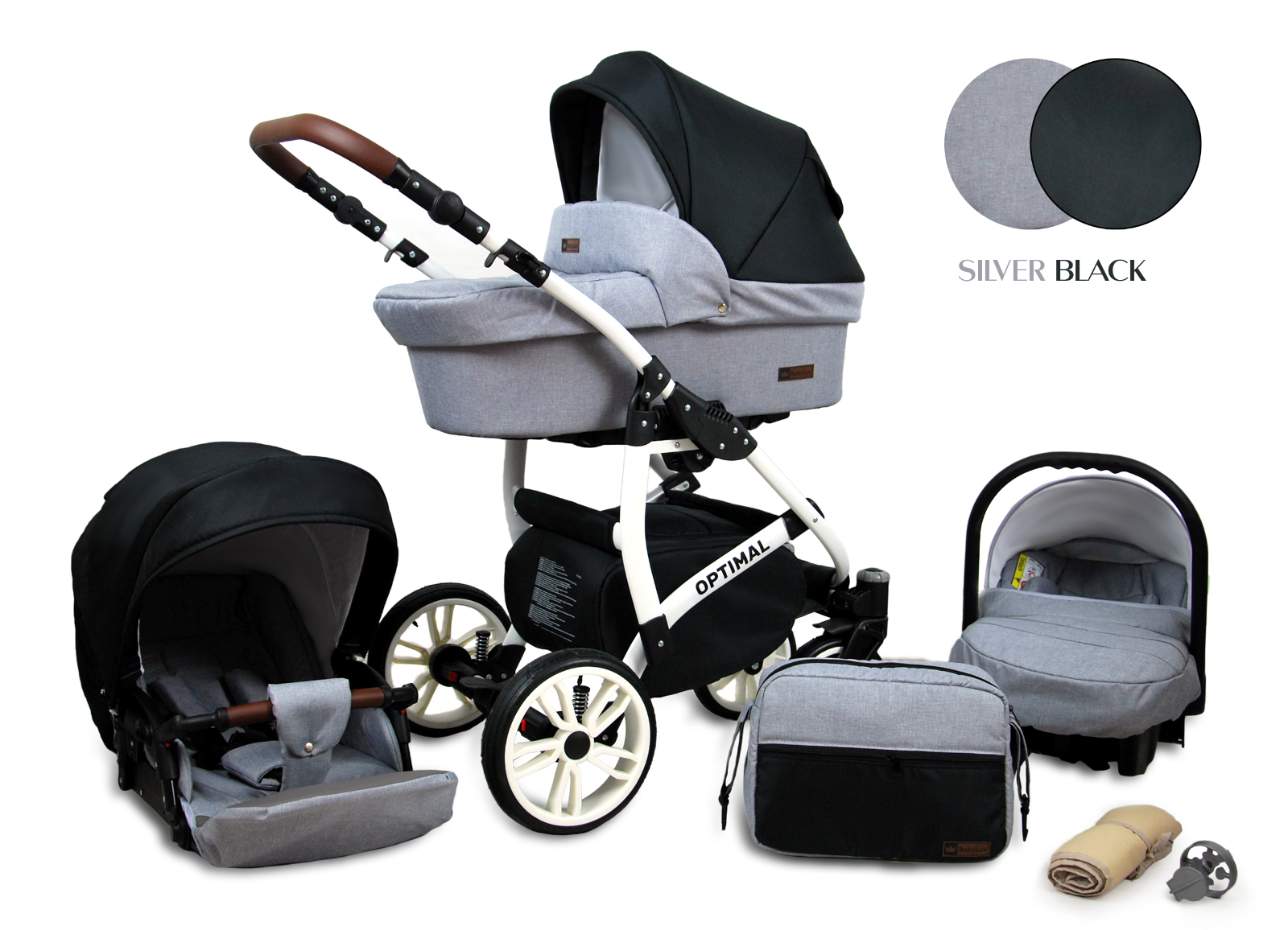 Baby Pram From Birth Pushchair Buggy 3 in1 Travel System Boys Girls ISOFIX BASE -Silver Black - white frame