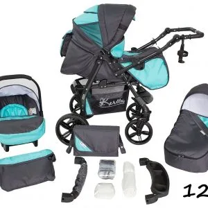 Sistema da viaggio TWIST 3 in 1 con navicella, seggiolino auto e navicella - TW12 turchese-grigio