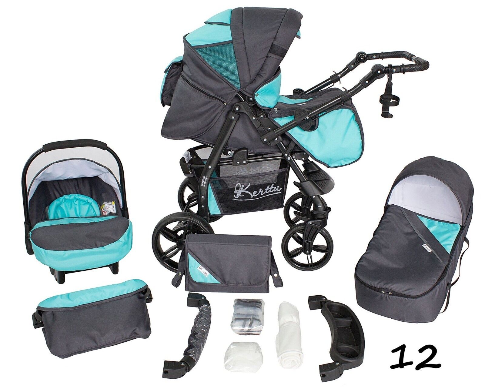 Baby Pram Pushchair Carrycot Car Seat TWIST 3in1 Travel System - TW12 Torquoise-Grey