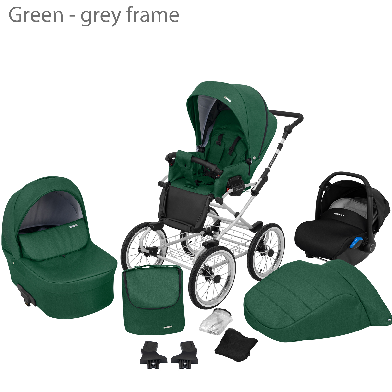 New Baby Pram Retro Set Classic Pushchair 3in1 Travel System Green Grey Frame