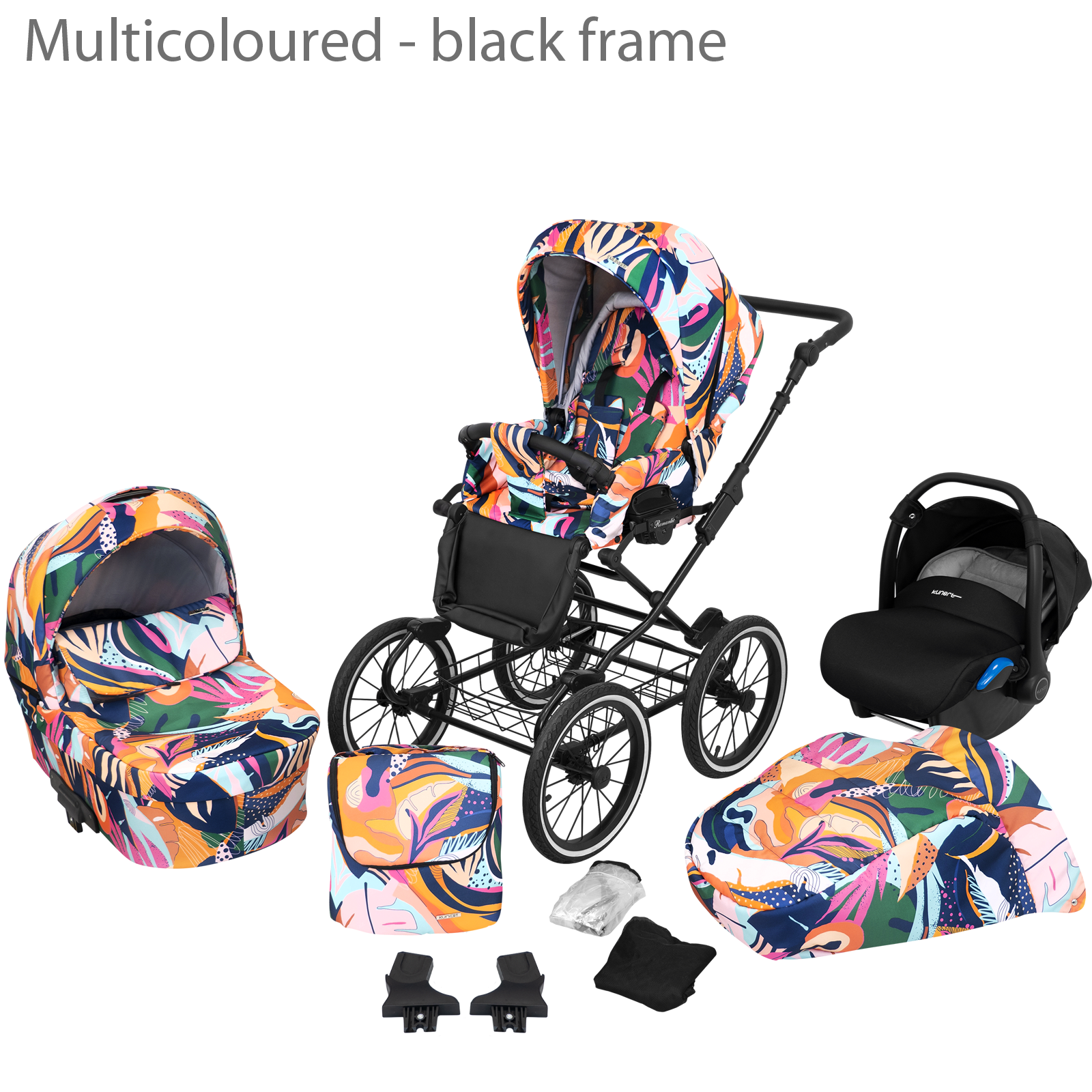 New Baby Pram Retro Set Classic Pushchair 3in1 Travel System Multicoloured Black Frame