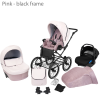 Baby Pram Retro Classic Buggy Set 3in1Travel System Eco Leather NEW 2022 -Pink (black frame)