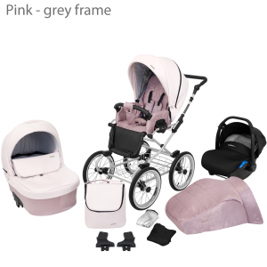 Baby Pram Retro Classic Buggy Set 3in1Travel System Eco Leather NEW 2022 -Pink (grey frame)