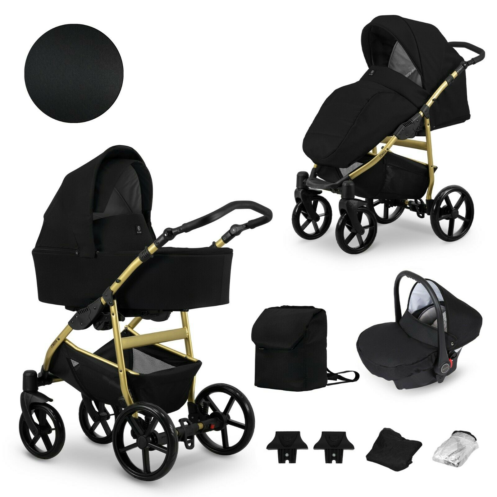 Foldable 3in1 Newborn Baby Pushchair Stroller Gold Edition - Black and Gold