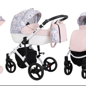 Luxe kinderwagen/buggy/wandelwagen/reiswagen/autostoeltje - Roze & Bloemen - wit frame