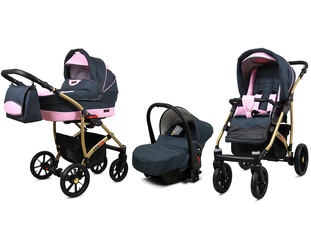 3 in 1 Luxury Stroller and Car Seat - Largo Pram Pushchair and Car seat by Babylux- In Gray Light Pink