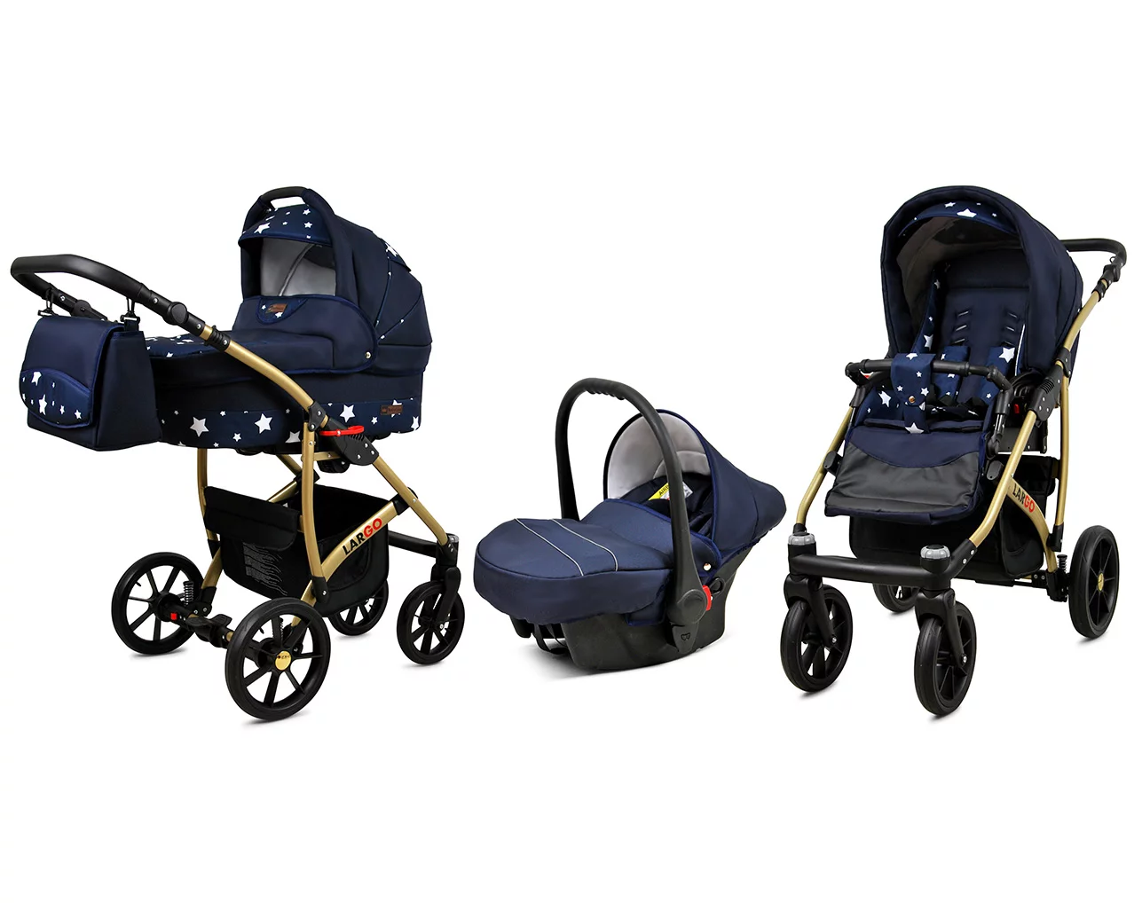 3 in 1 Luxury Stroller and Car Seat - Largo Pram Pushchair and Car seat by Babylux- In Navy Blue Star