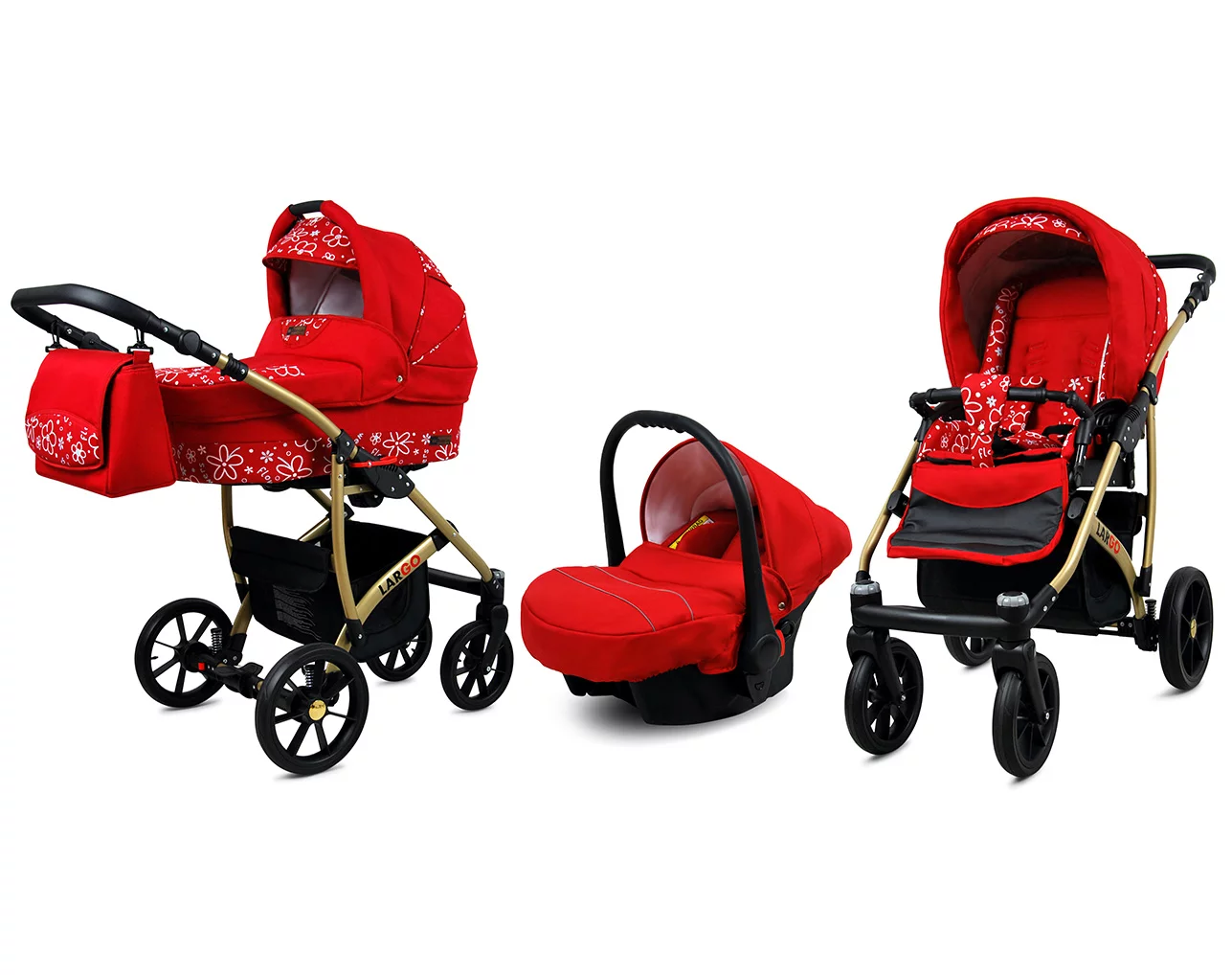 3 in 1 Luxury Stroller and Car Seat - Largo Pram Pushchair and Car seat by Babylux- In Red Flowers
