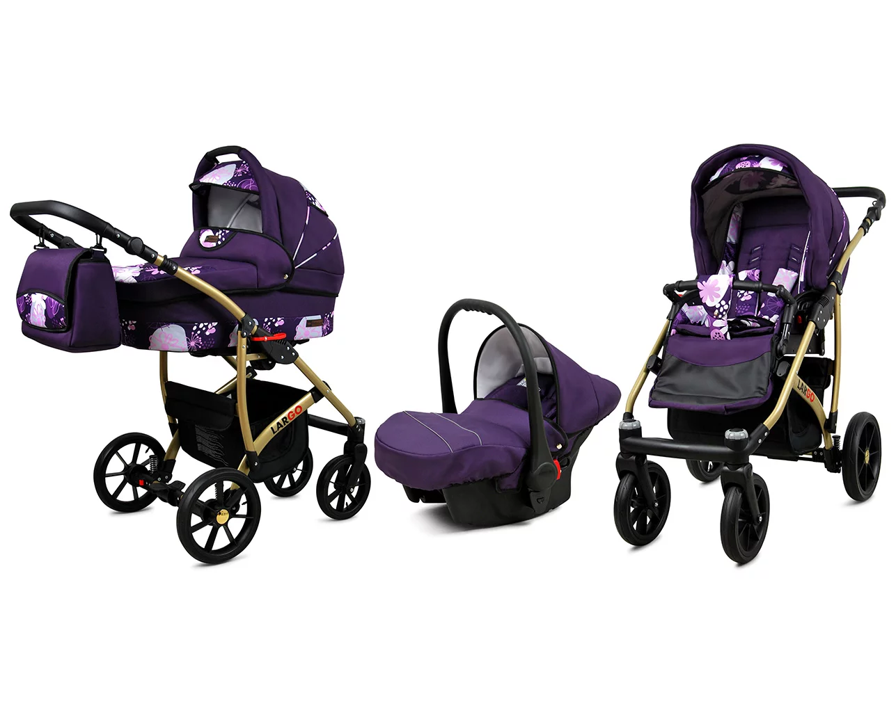 3 in 1 Luxury Stroller and Car Seat - Largo Pram Pushchair and Car seat by Babylux- In Violet Flowers