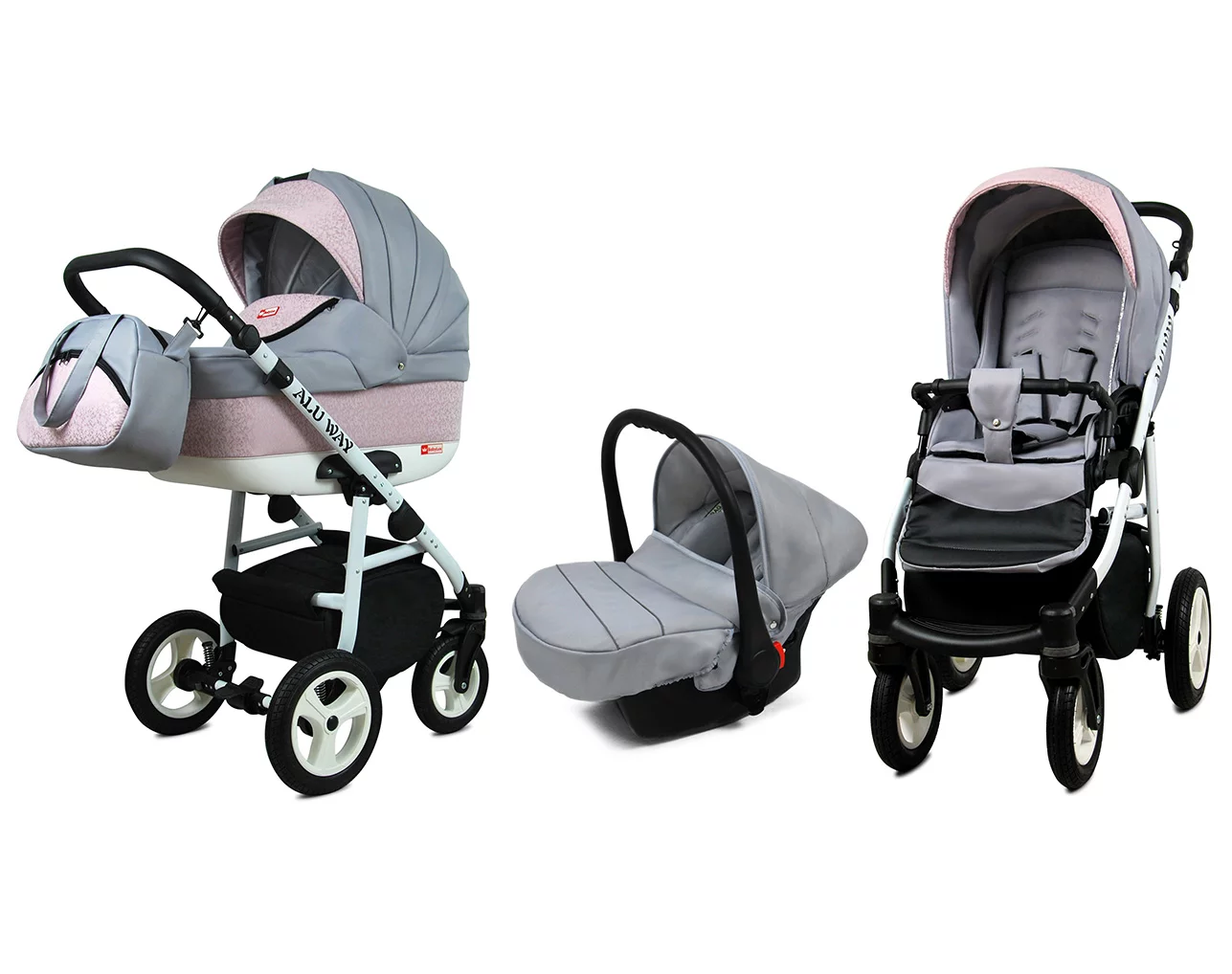 3 in 1 Luxury Stroller and Car Seat - Alu Way Pram Pushchair and Car seat by Babylux- In Sweet Pink