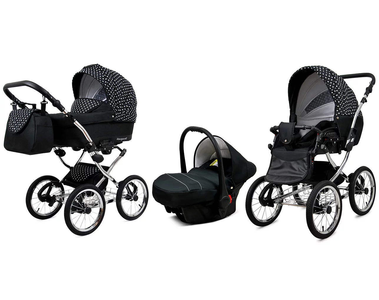 3 in 1 Luxury Stroller and Car Seat - Margaret Exclusive Pram Pushchair and Car seat by Babylux- In White Dots