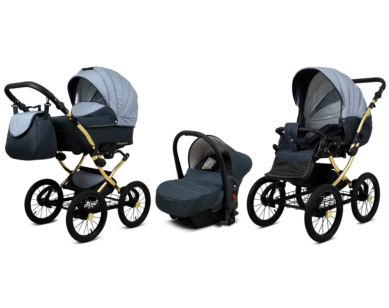 3 in 1 Luxury Stroller and Car Seat - Margaret Gold Pram Pushchair and Car seat by Babylux- In Grey Magic