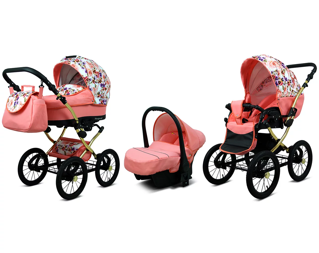 3 in 1 Luxury Stroller and Car Seat - Margaret Gold Pram Pushchair and Car seat by Babylux- In Pansies And Roses