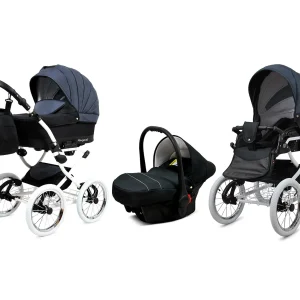 3 in 1 Luxury Stroller and Car Seat - Margaret White Pram Pushchair and Car seat by Babylux- In Black Grey