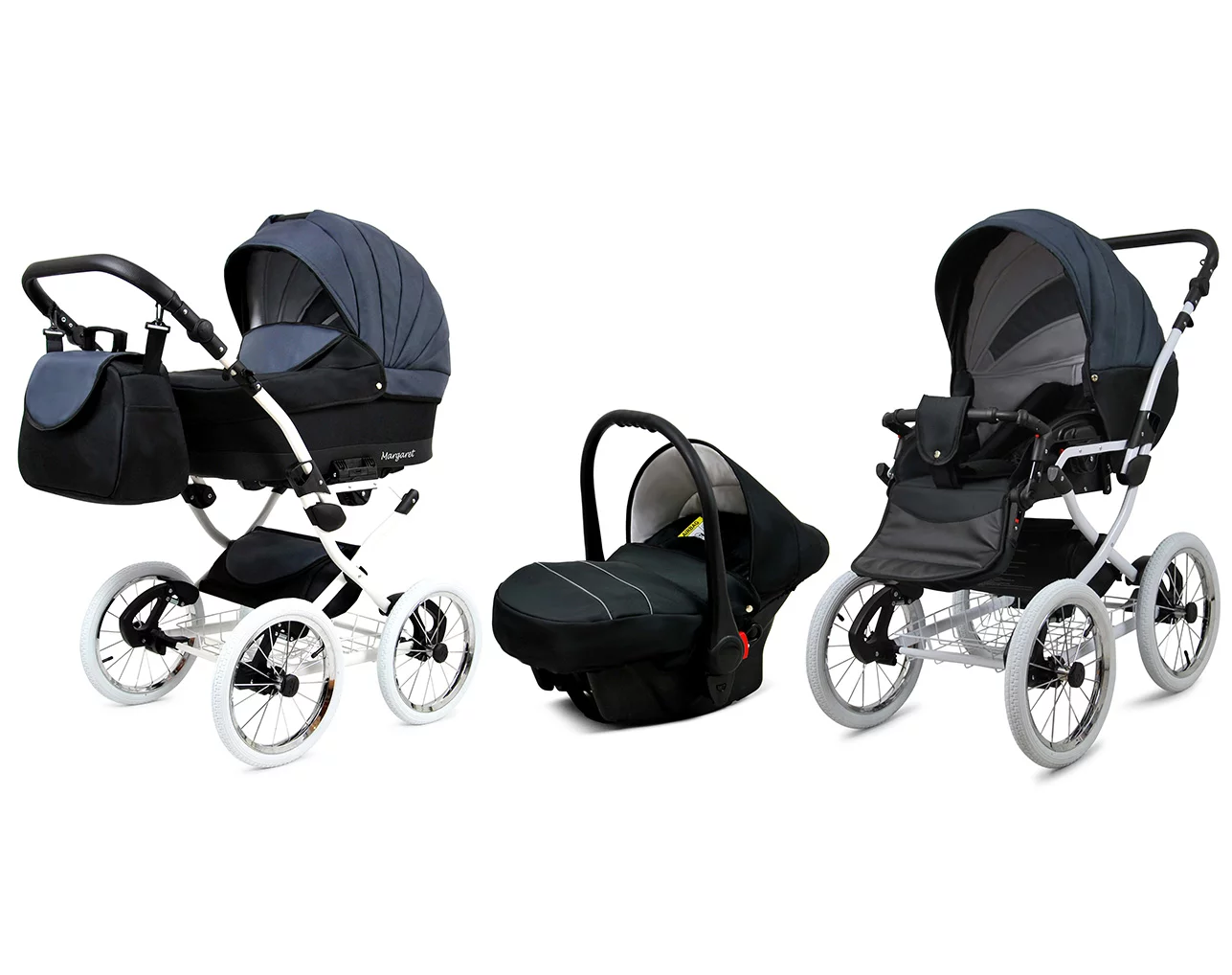 3 in 1 Luxury Stroller and Car Seat - Margaret White Pram Pushchair and Car seat by Babylux- In Black Grey