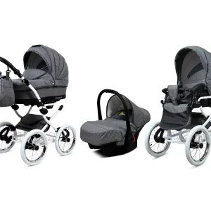3 in 1 Luxury Stroller and Car Seat - Margaret White Pram Pushchair and Car seat by Babylux- In Gray Flex