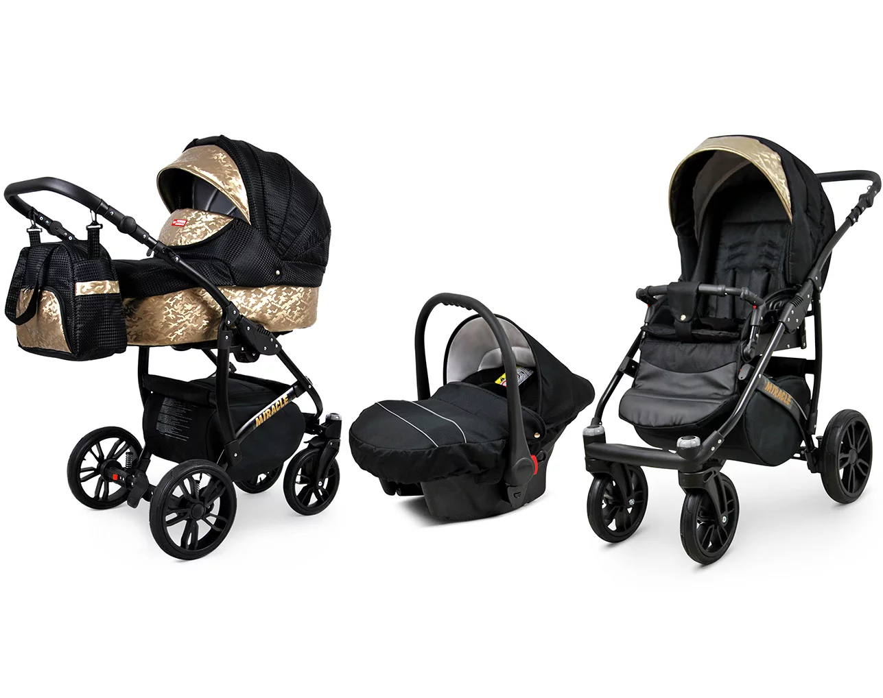 3 in 1 Luxury Stroller and Car Seat - Miracle Pram Pushchair and Car seat by Babylux- In Black Deluxe