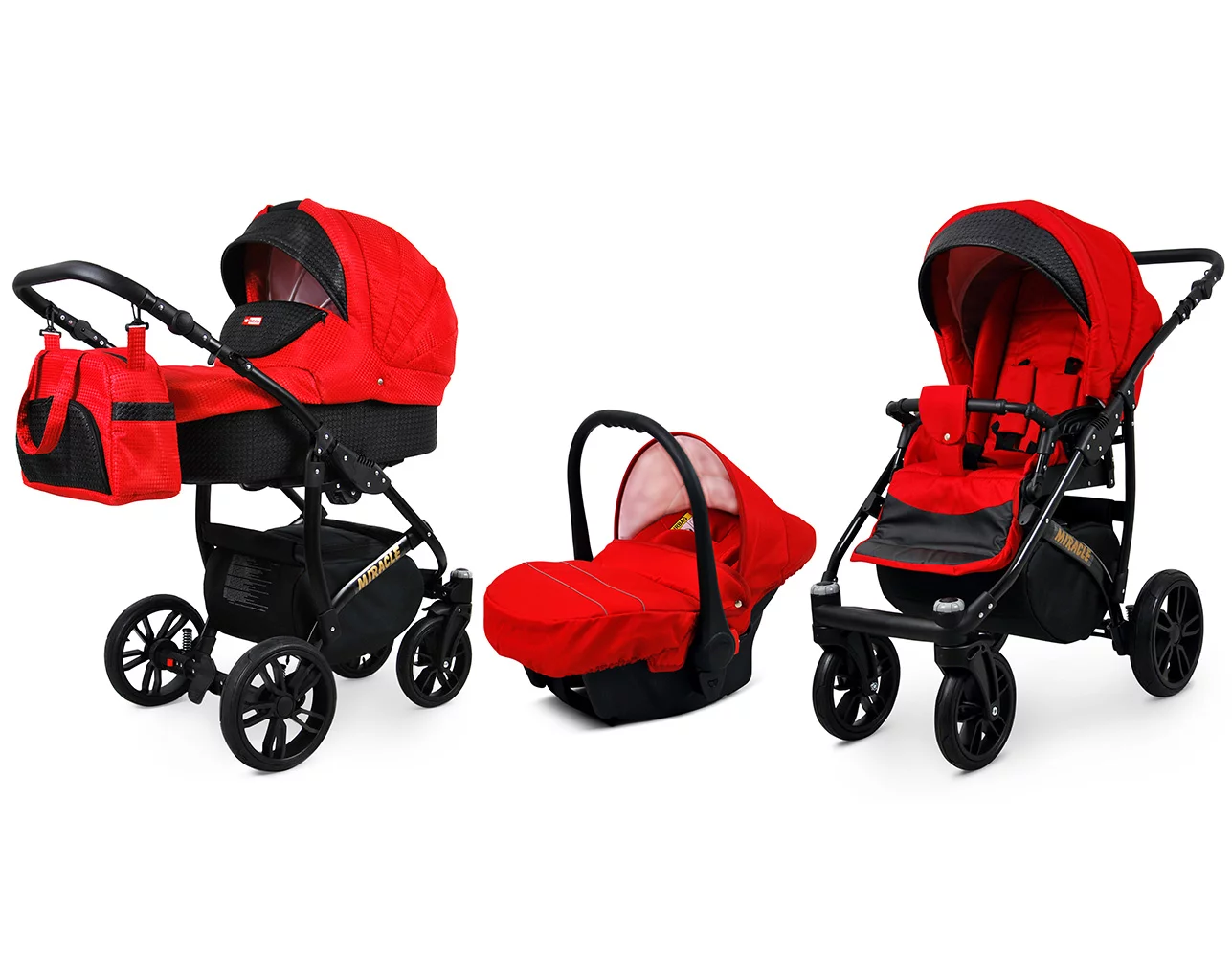 3 in 1 Luxury Stroller and Car Seat - Miracle Pram Pushchair and Car seat by Babylux- In Red Deluxe