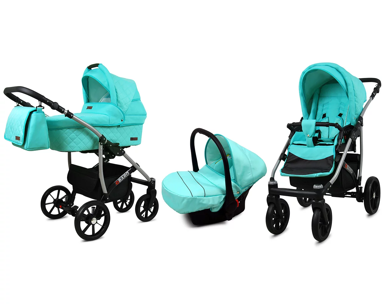 3 in 1 Luxury Stroller and Car Seat - Qbaro Pram Pushchair and Car seat by Babylux- In Mint