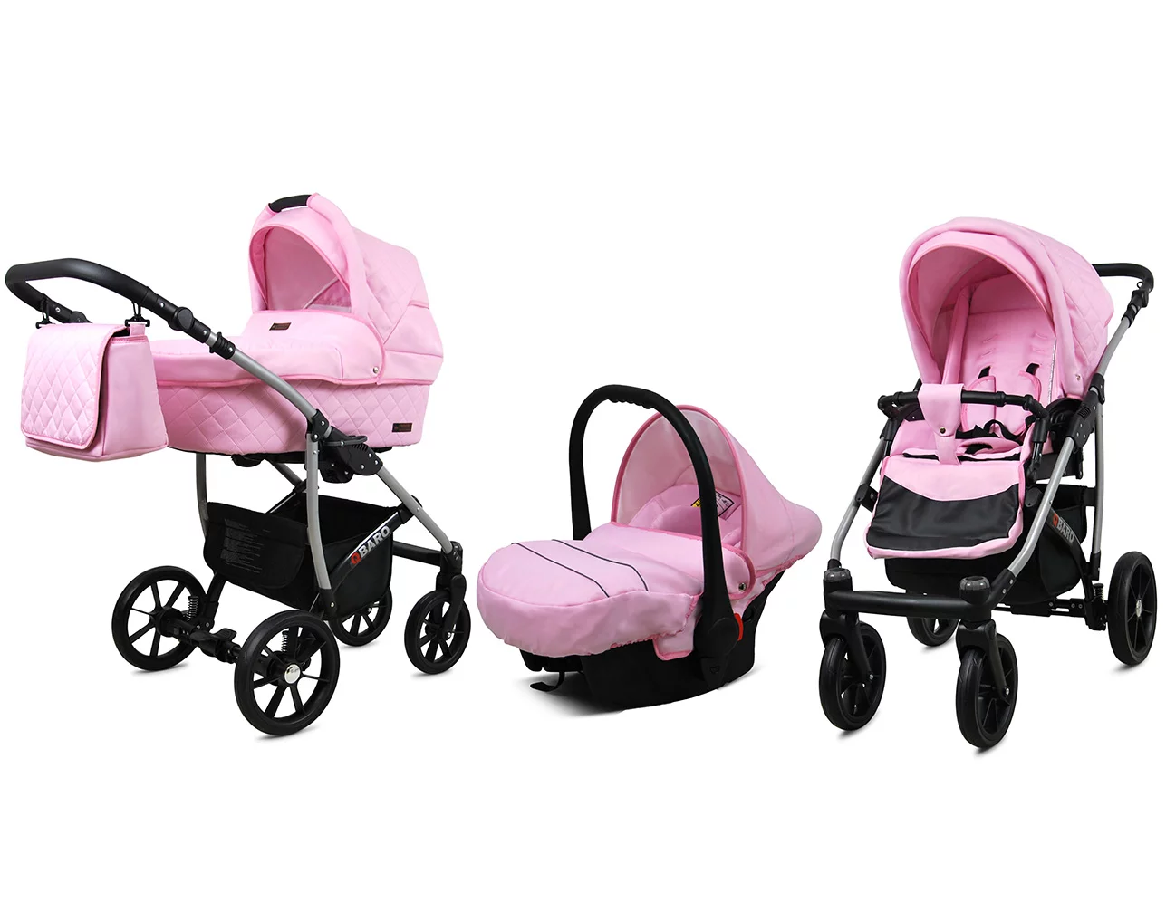 3 in 1 Luxury Stroller and Car Seat - Qbaro Pram Pushchair and Car seat by Babylux- In Sweet Pink