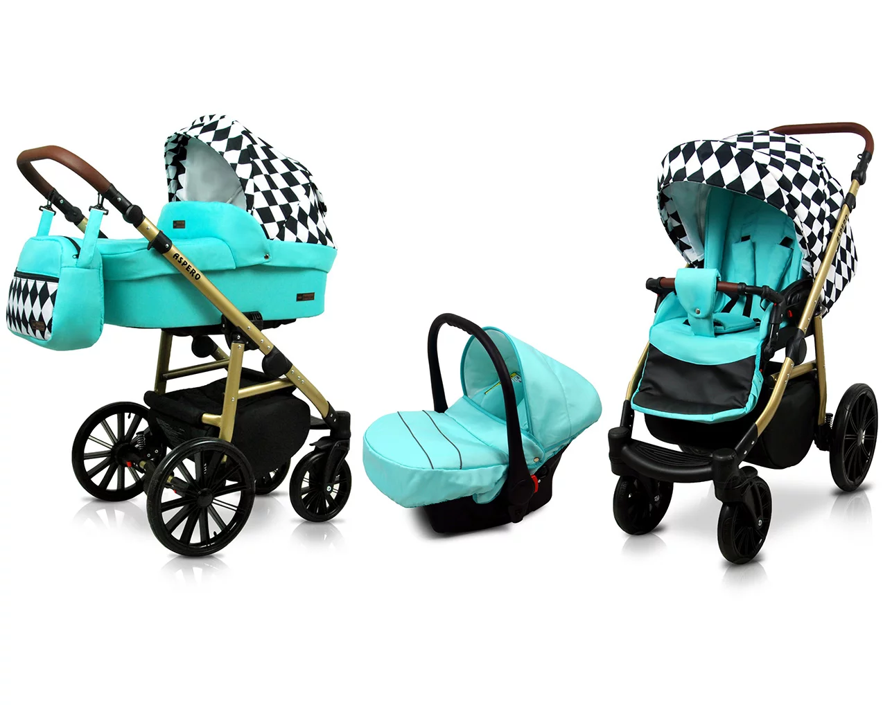 3 in 1 Luxury Stroller and Car Seat - Aspero Pram Pushchair and Car seat by Babylux- In Mint Diamonds