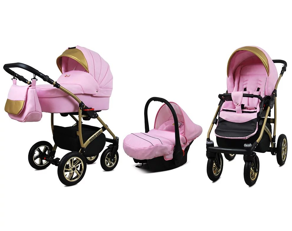 3 in 1 Luxury Stroller and Car Seat - Gold Lux Pram Pushchair and Car seat by Babylux- In Light Pink