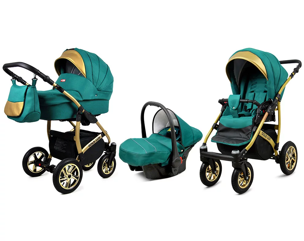 3 in 1 Luxury Stroller and Car Seat - Gold Lux Pram Pushchair and Car seat by Babylux- In Ocean Green