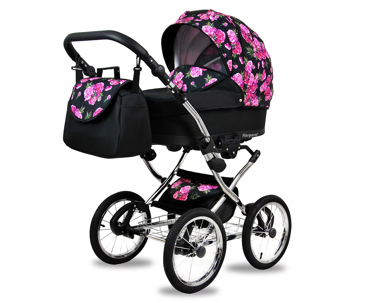 3 in 1 Luxury Stroller and Car Seat - Margaret Exclusive Pram Pushchair and Car seat by Babylux- In Bouquets Peony On Black – Bild 2