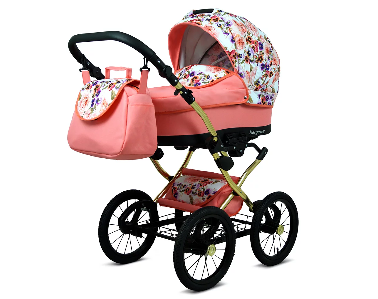 3 in 1 Luxury Stroller and Car Seat - Margaret Gold Pram Pushchair and Car seat by Babylux- In Pansies And Roses - Image 2
