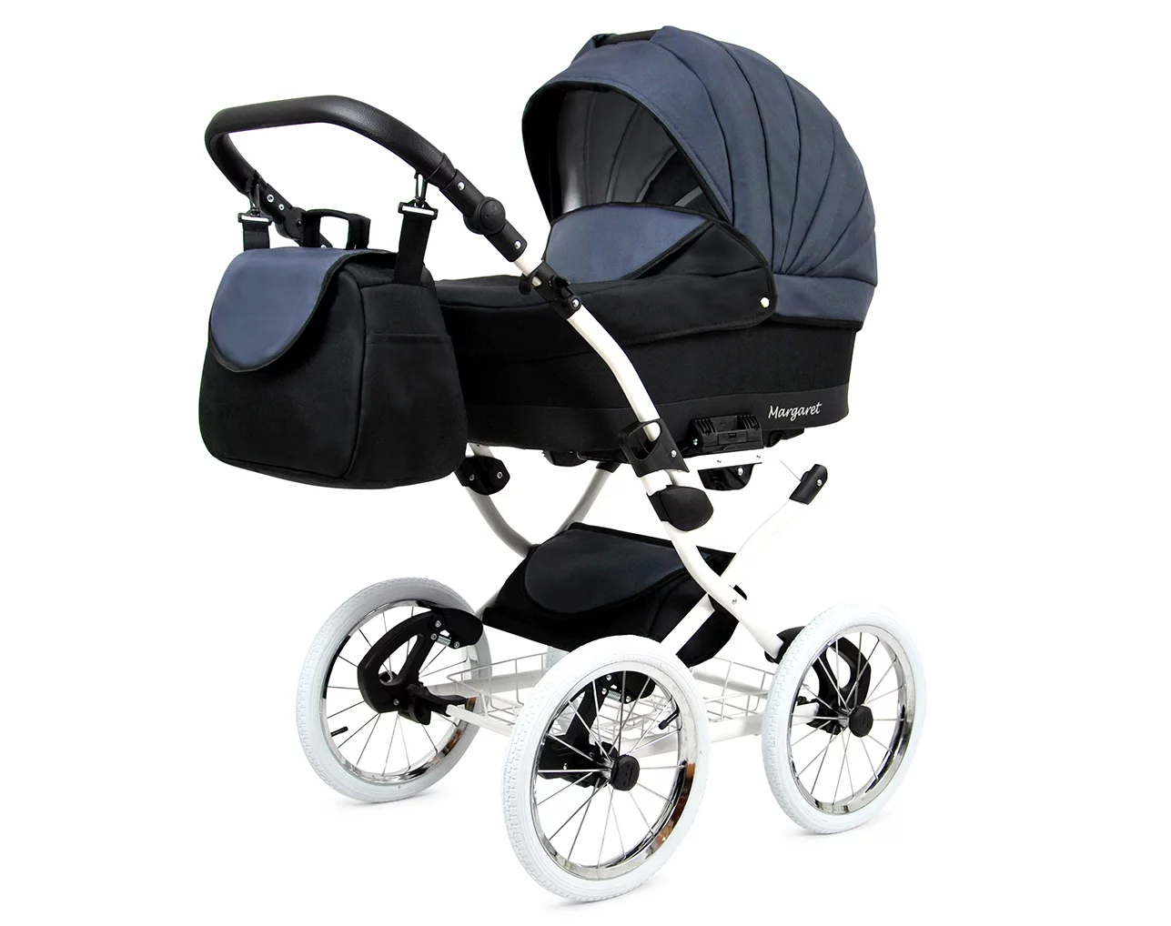 3 in 1 Luxury Stroller and Car Seat - Margaret White Pram Pushchair and Car seat by Babylux- In Black Grey - Image 2