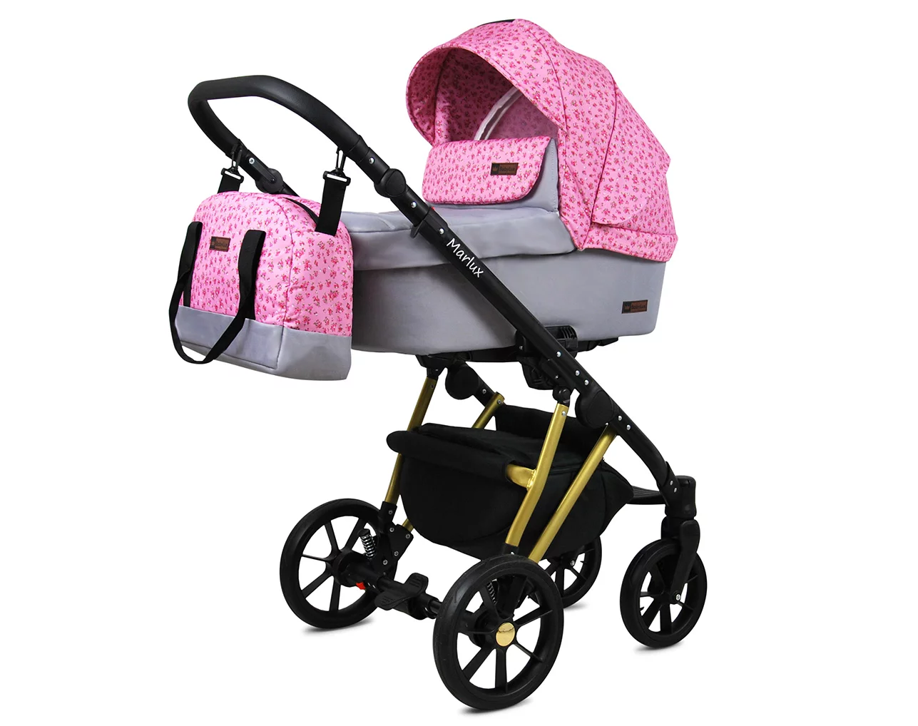 3 in 1 Luxury Stroller and Car Seat - Marlux Magnetic Pram Pushchair and Car seat by Babylux- In Small Roses Of Pink - Image 2