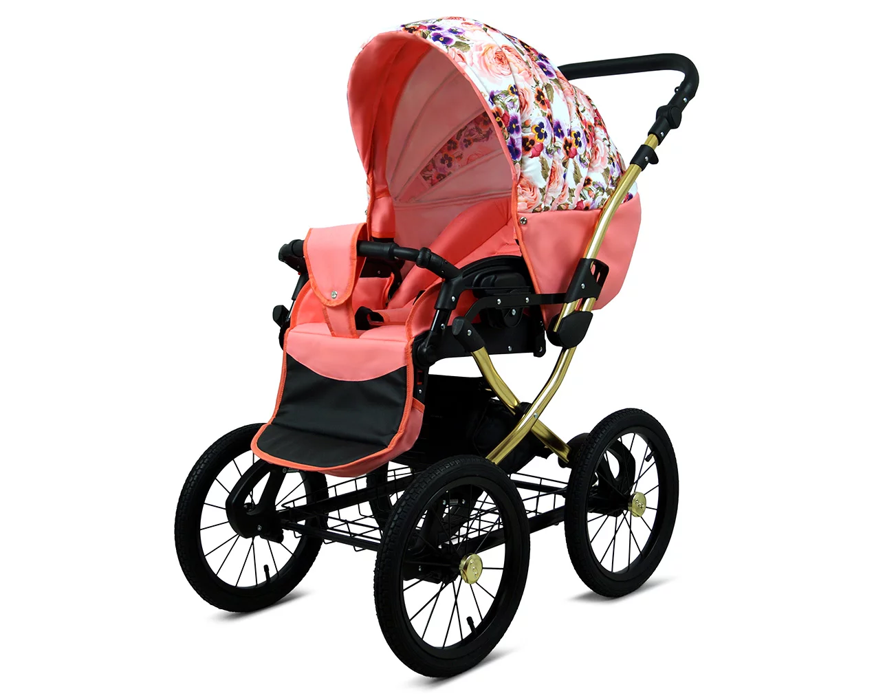 3 in 1 Luxury Stroller and Car Seat - Margaret Gold Pram Pushchair and Car seat by Babylux- In Pansies And Roses - Image 3