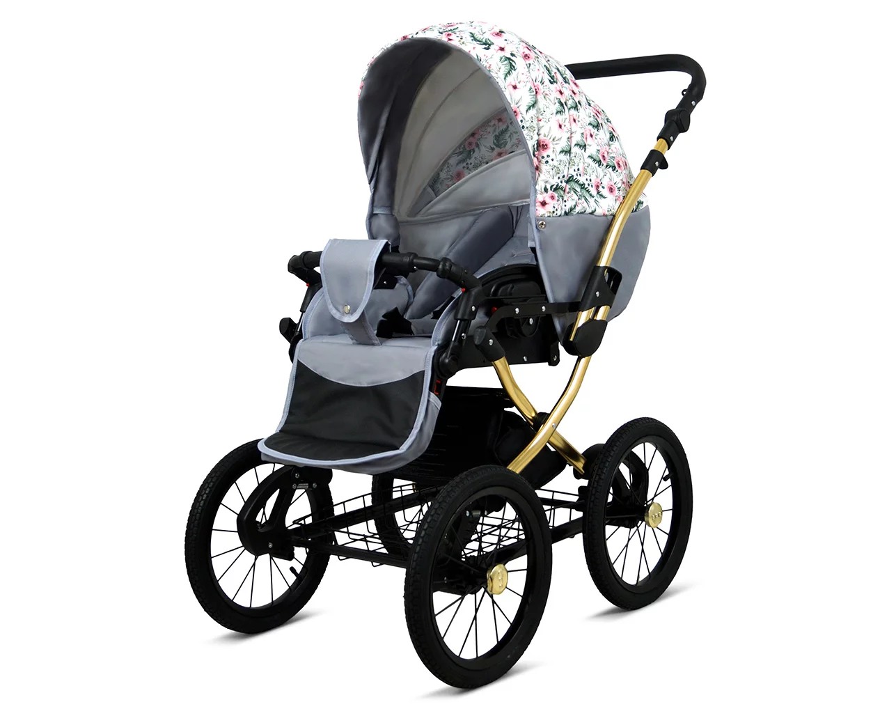 3 in 1 Luxury Stroller and Car Seat - Margaret Gold Pram Pushchair and Car seat by Babylux- In Wild Flowers - Image 3
