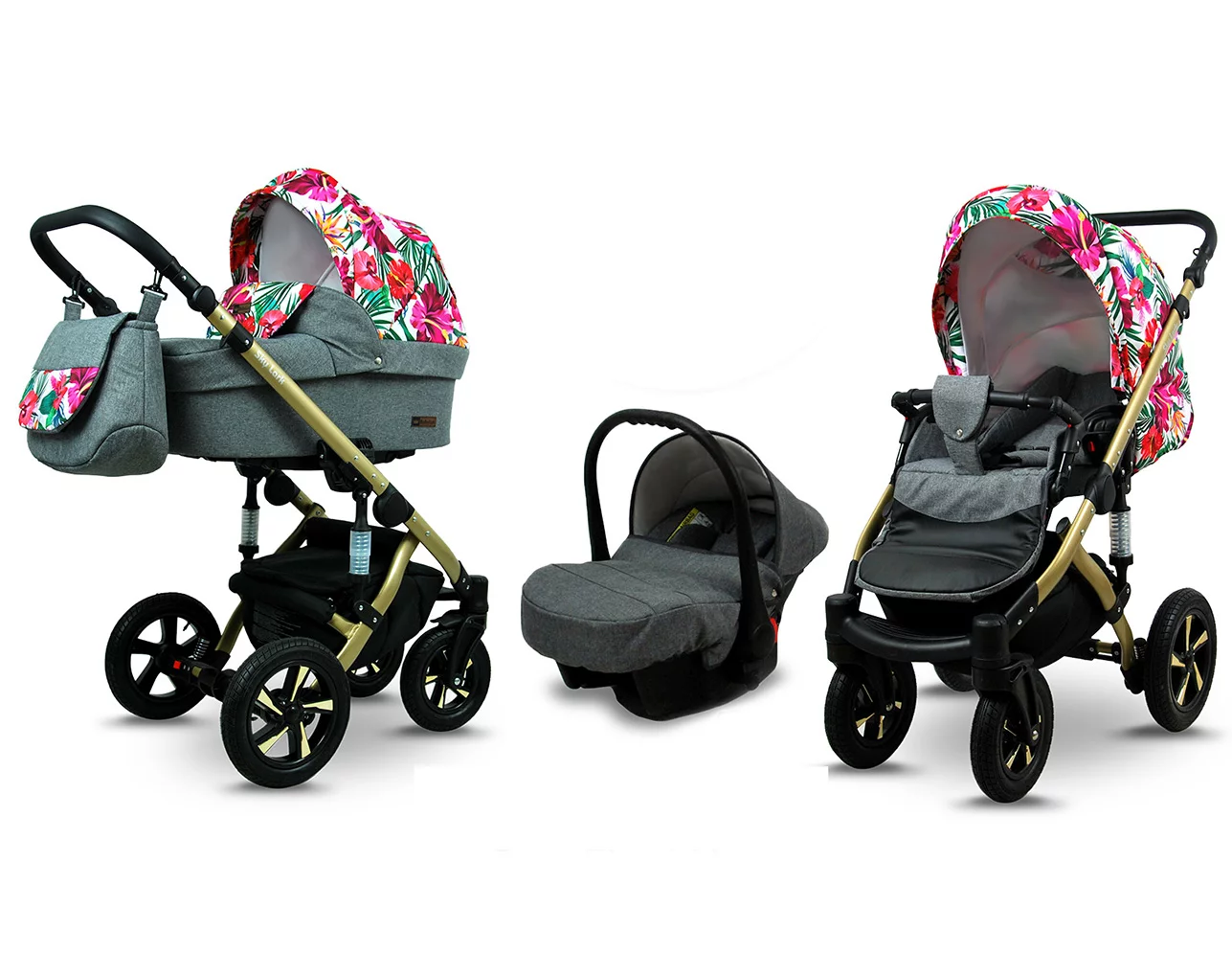 3 in 1 Luxury Stroller and Car Seat - Sky Lark Pram Pushchair and Car seat by Babylux- In Grey Flex Hibiscus
