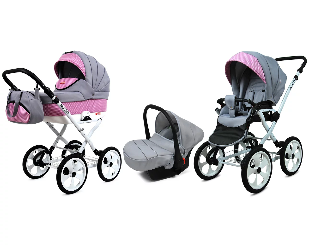 3 in 1 Luxury Stroller and Car Seat - Rosso Pram Pushchair and Car seat by Babylux- In Light Pink
