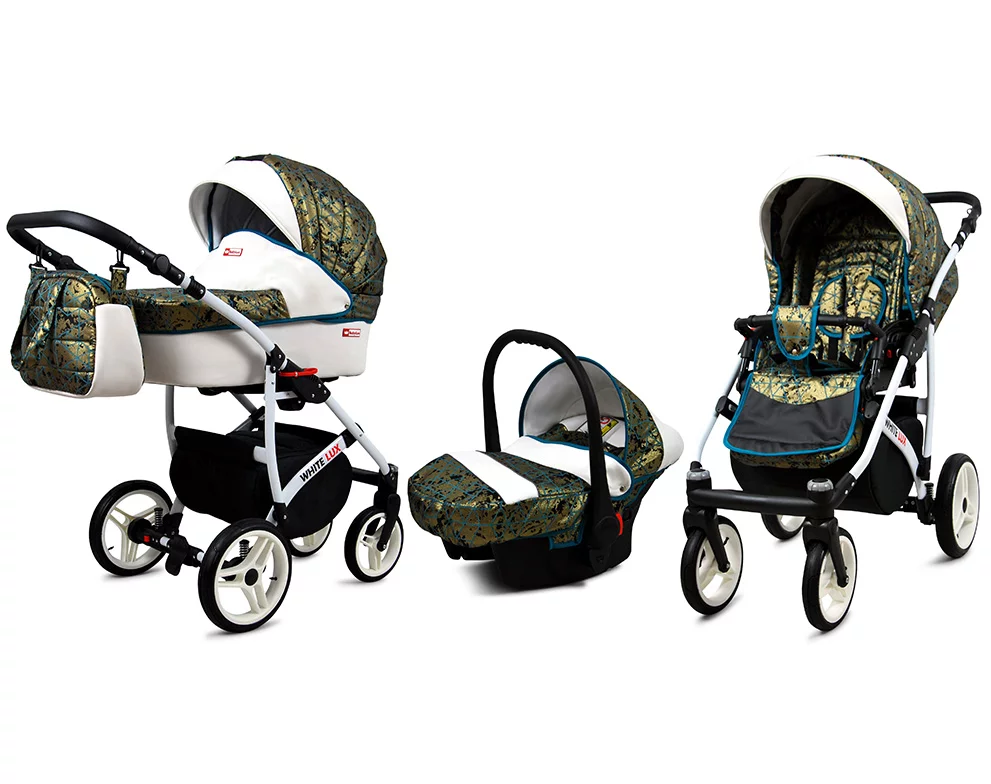 3 in 1 Luxury Stroller and Car Seat - White Lux Pram Pushchair and Car seat by Babylux- In Gold Marble