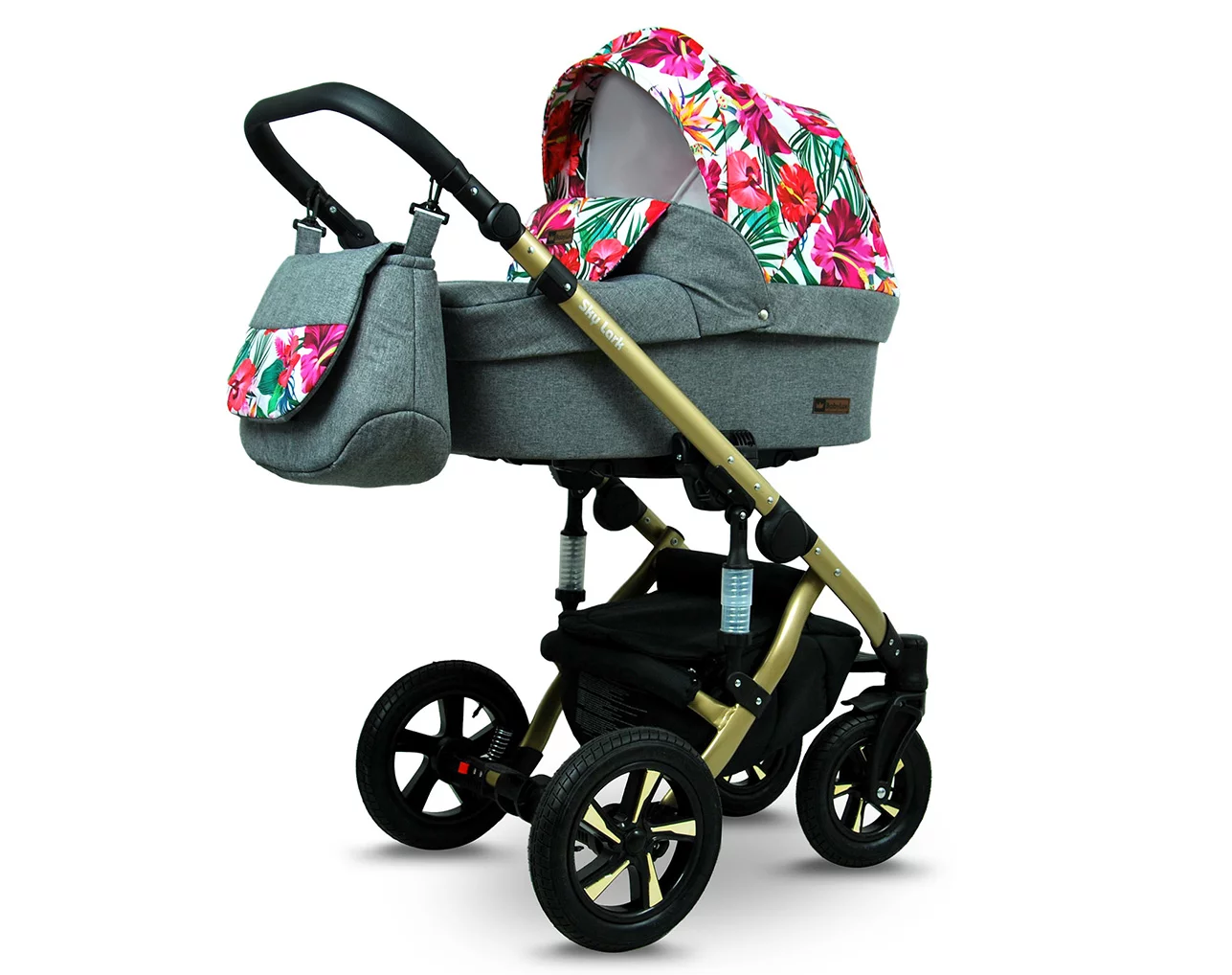 3 in 1 Luxury Stroller and Car Seat - Sky Lark Pram Pushchair and Car seat by Babylux- In Grey Flex Hibiscus - Image 2